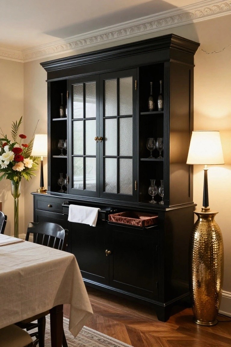 Black hutch with glass doors, open drawer, gold lamps, dining table.