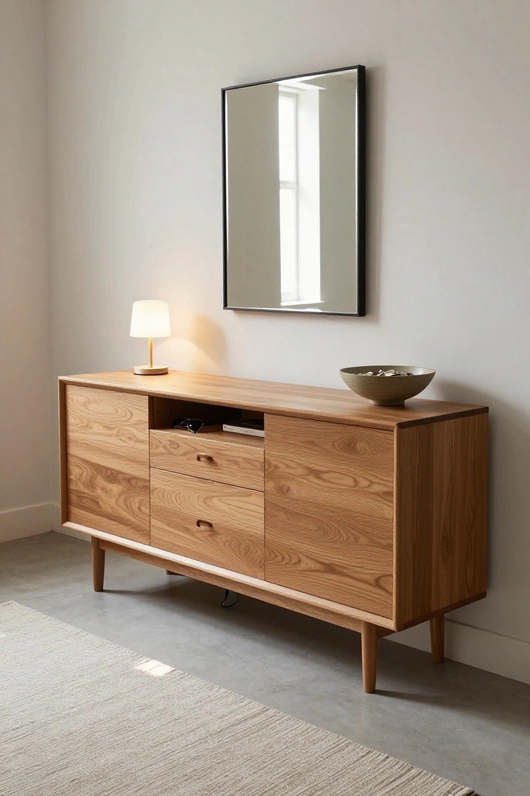 A wooden sideboard with drawers and cabinets sits against a wall beneath a mirror, with a lamp and bowl placed on top.
