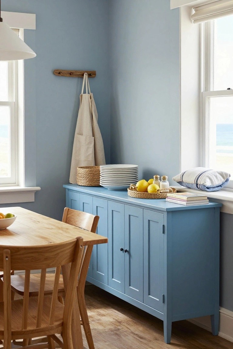 Blue sideboard with stacked plates and lemons beneath a hanging apron.