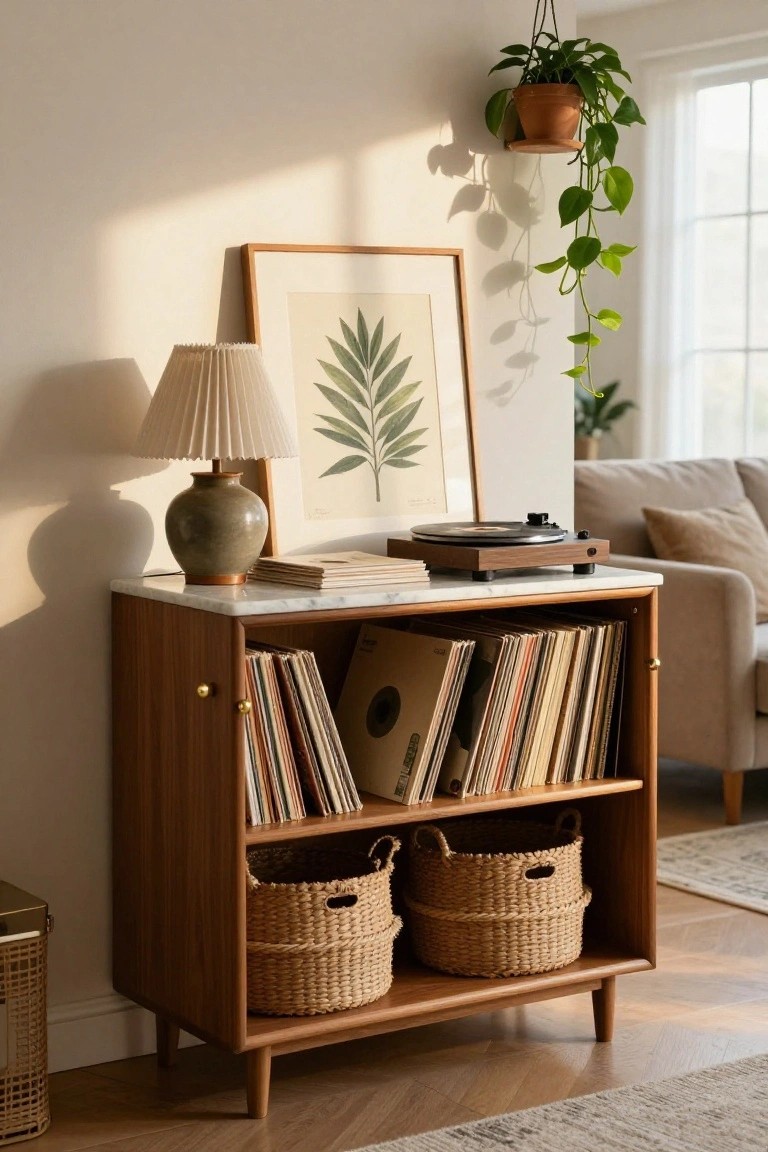 Mid-century wooden console with marble top, vinyl records, lamp, and plant.