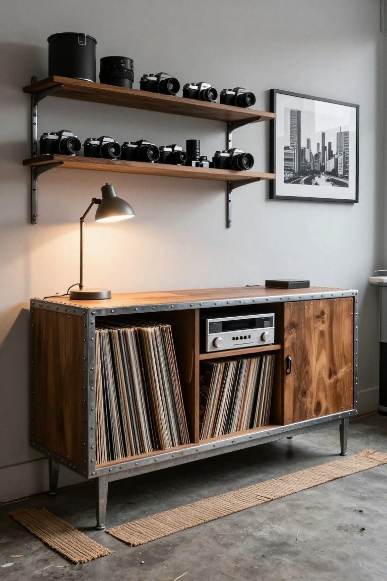 A wooden sideboard with metal trim holds vertical stacks of vinyl records in open compartments next to a stereo receiver and closed cabinet doors, with two wall-mounted shelves above displaying multiple cameras and a lit desk lamp on top.
