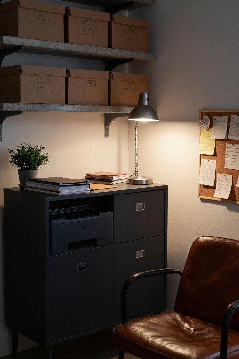 A dark gray sideboard with multiple drawers and cabinets sits below metal shelves holding brown storage boxes, with a lit desk lamp and a brown leather chair nearby.