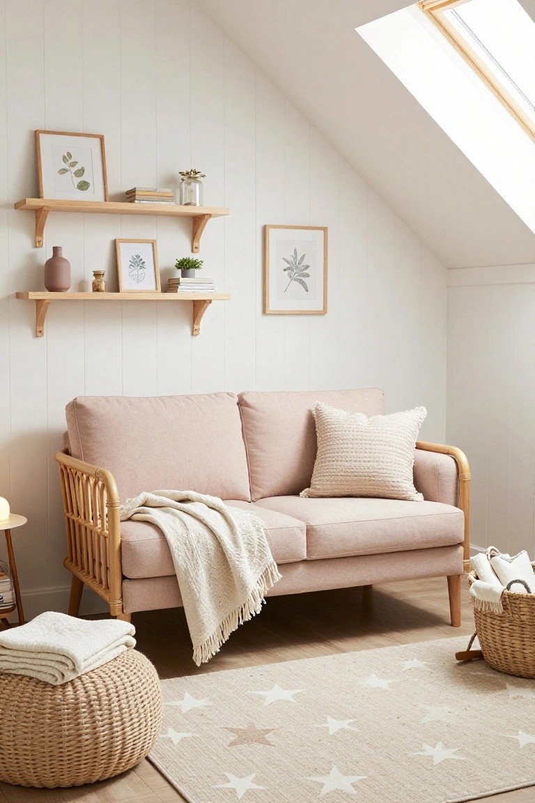 Blush pink rattan-frame sofa with cream throw and pillow sits on a beige rug patterned with white stars in a white shiplap-walled attic room with wooden shelves holding plants and art, skylight above, and woven pouf and basket nearby.