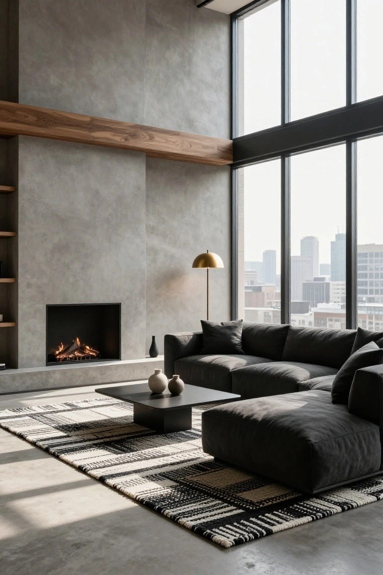 Modern living room interior with dark gray L-shaped sofa on black-and-white checkered woven rug, low black coffee table with vases, gas fireplace, gold arched floor lamp, built-in wooden shelves, concrete walls, wood beams, and large windows showing city skyline.