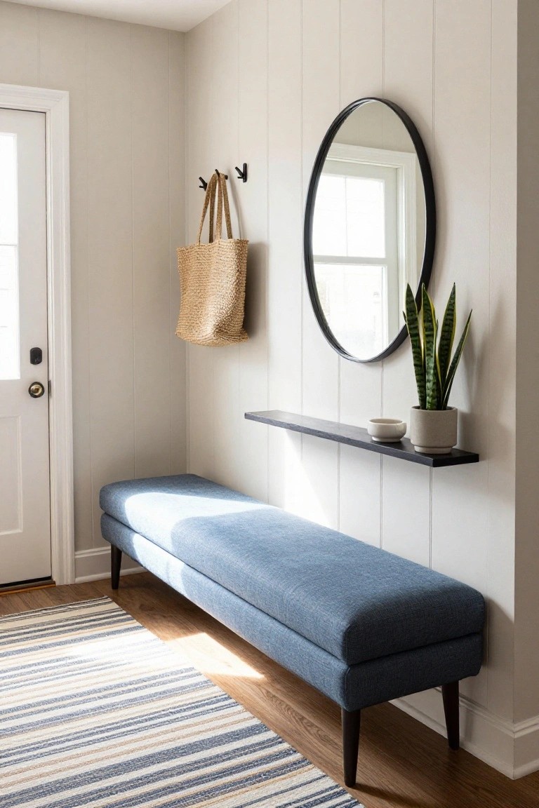 Entryway interior with a blue upholstered bench on a beige and white striped rug, a floating black shelf holding a white bowl and potted snake plant, round black mirror, wall hooks with straw bag, and white front door.