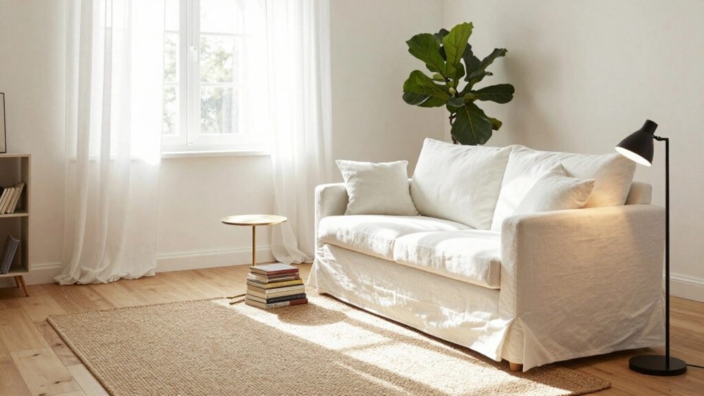 21 Sofa and Rug Ideas for Perfect Style Pairings White slipcovered sofa on beige seagrass rug in sunlit living room with arched window, floor lamp, fiddle leaf fig plant in terracotta pot, and stack of books on gold side table.
