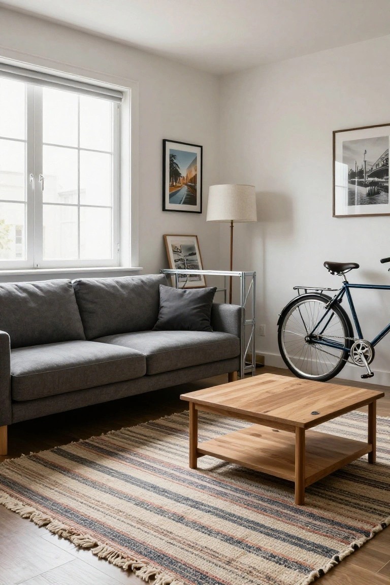 Modern living room with a low gray fabric sofa, wooden coffee table on a multicolored striped area rug, floor lamp, framed black-and-white photos, and a blue wall-mounted bicycle near a window with roller shade.