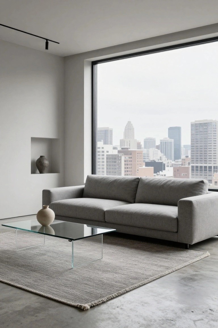 Minimalist living room with light gray L-shaped sofa on textured light gray rug, glass coffee table with beige vase, ceramic vase in wall niche, track lighting, and floor-to-ceiling window with city skyline view.