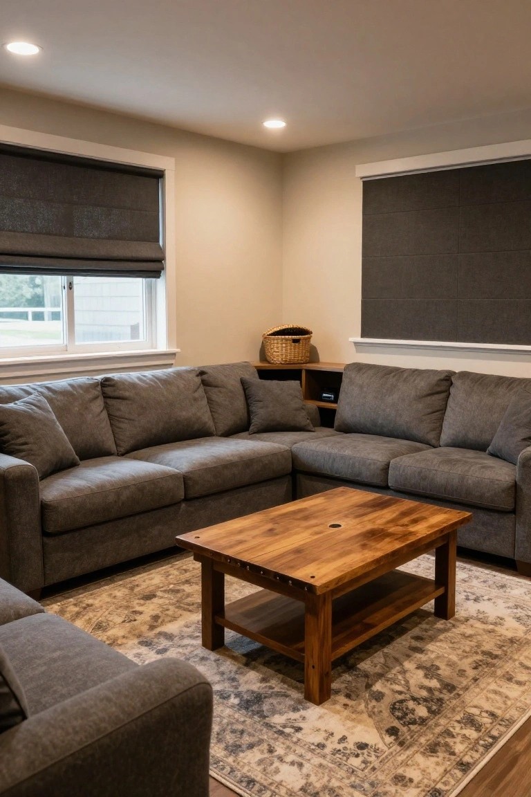 Corner gray fabric sectional sofa arranged around a low wooden coffee table on a beige and gray patterned rug in a light beige living room with gray roller shades on two windows.