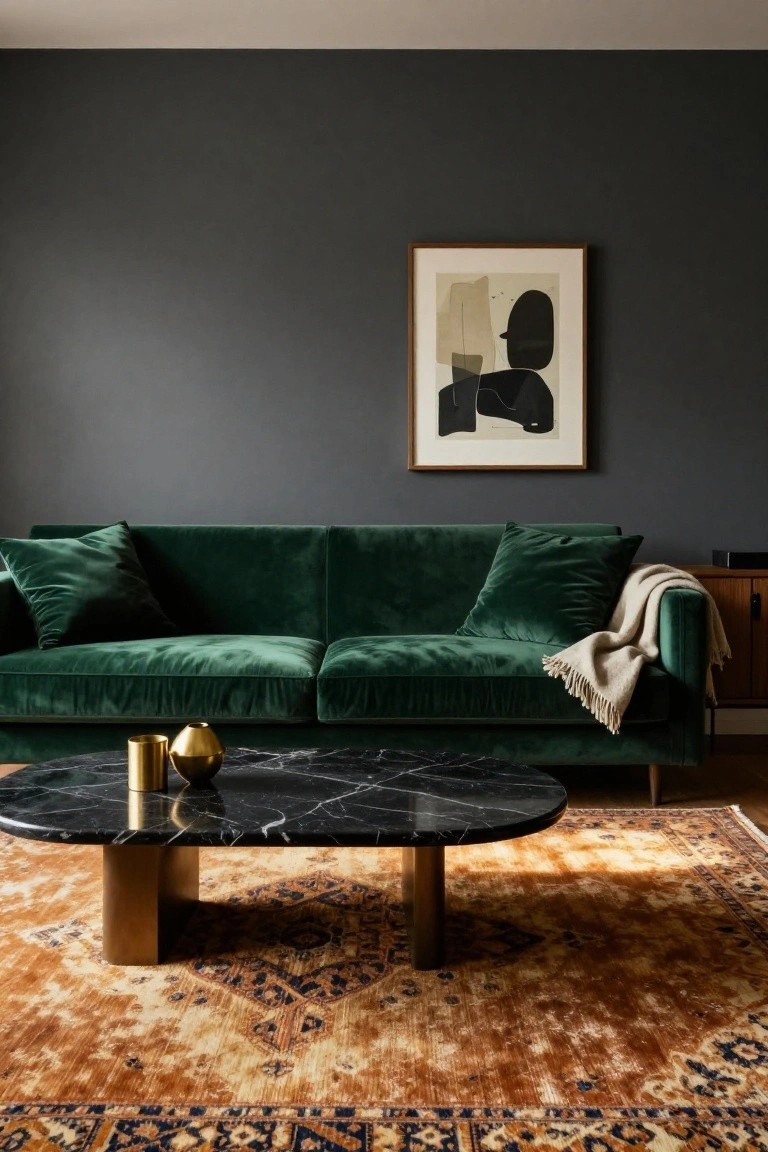 Dark gray living room featuring a green velvet sofa with throw blanket, black marble oval coffee table with gold legs and candle holders, abstract line drawing in wood frame on wall, wood side table, and orange and navy patterned rug.