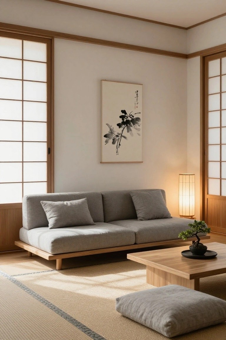 Minimalist Japanese-style living room with low gray fabric sofa on light tatami rug, wooden low table holding black bonsai pot, gray floor cushion, shoji screen walls and doors, tall paper lantern lamp, and ink brush painting on wall.