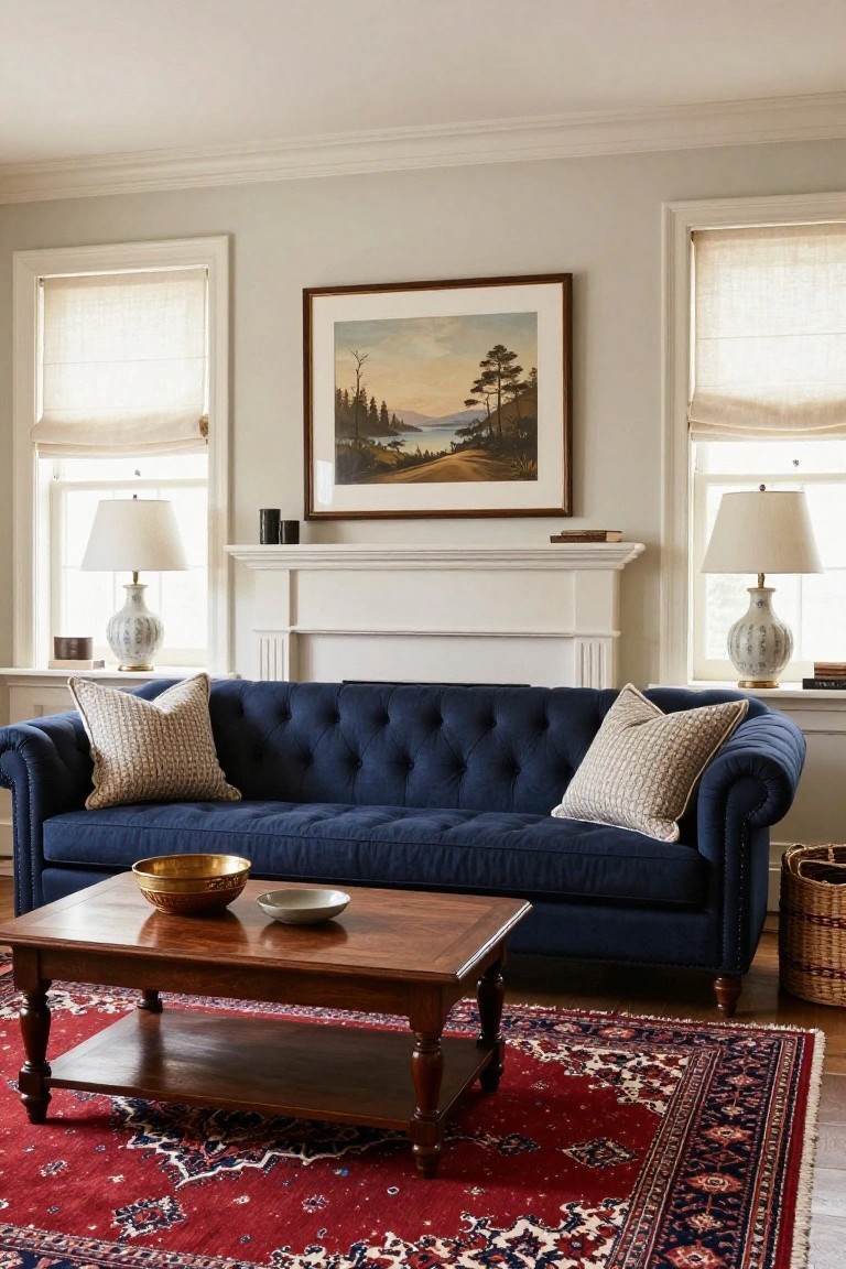 Blue tufted sofa with patterned pillows on red rug before white fireplace.