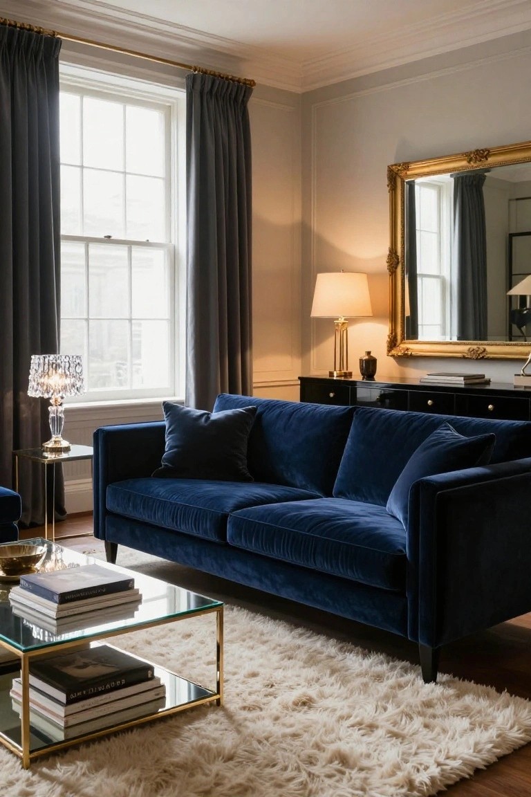 Living room with navy blue velvet sofa on cream shaggy rug, gold metal coffee table holding books, black dresser with lamps, large gold mirror, and dark curtains on tall windows.