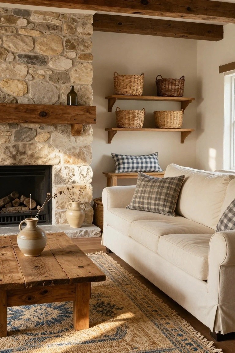 Living room interior with cream slipcovered sofa accented by plaid pillows, wooden coffee table holding a terracotta vase, stone fireplace with firewood and dried branches, wooden beams and shelves holding wicker baskets, and blue-beige patterned rug under the table.