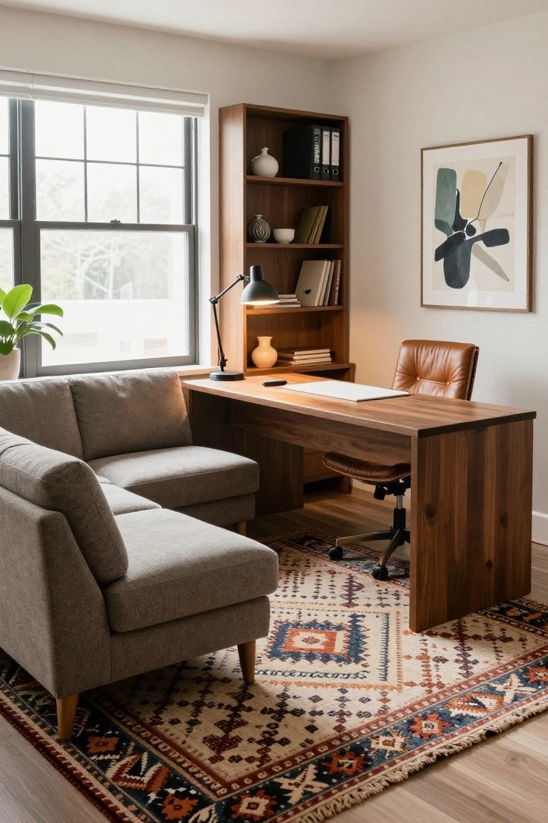 Home office interior with light gray L-shaped sofa next to wooden desk and leather chair, bookshelves with ceramics and books, desk lamp, potted plant, abstract wall art, and multicolored geometric patterned rug on light wood floors.