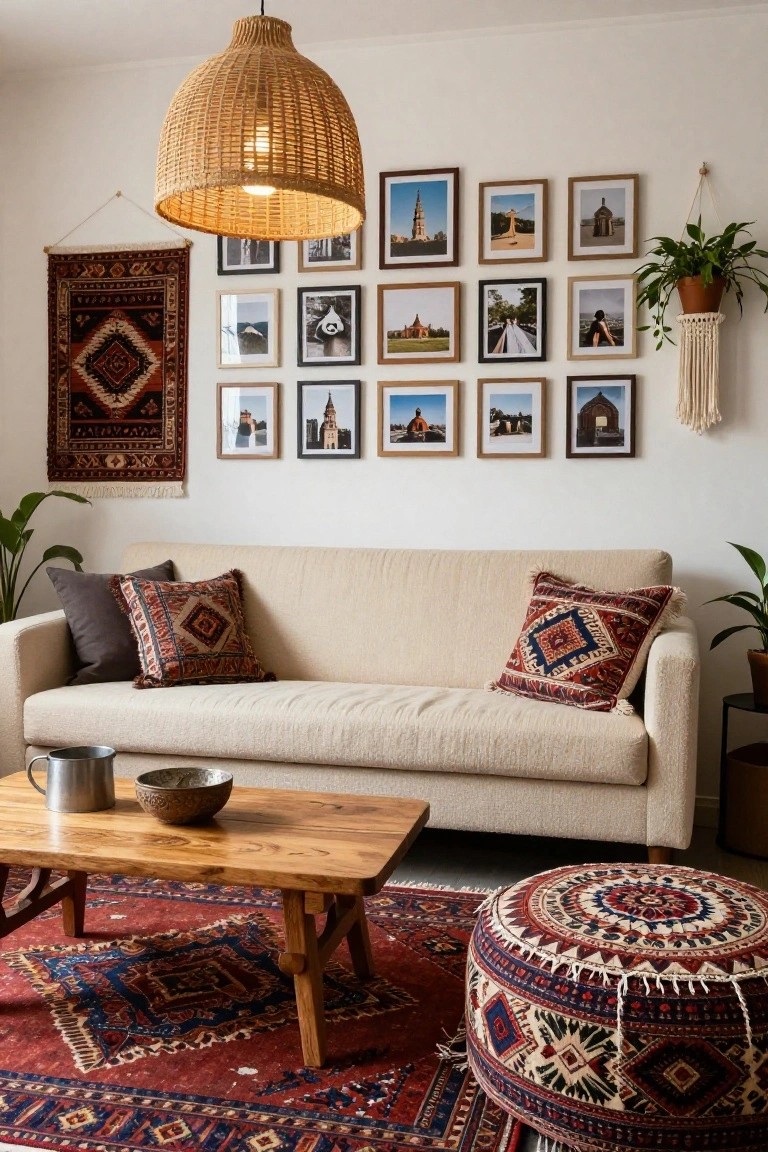 A beige sofa with patterned pillows on a red geometric rug in a living room with a wooden coffee table, hanging plants, macrame, woven wall hanging, and a gallery wall of framed travel photos under a rattan pendant light.