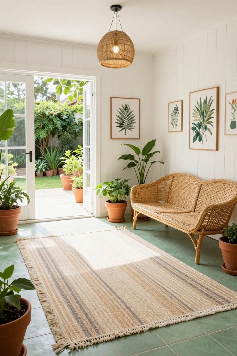 White paneled sunroom with rattan loveseat on beige striped fringed rug, potted plants, open French doors to garden, green tile floor, and botanical prints on walls.