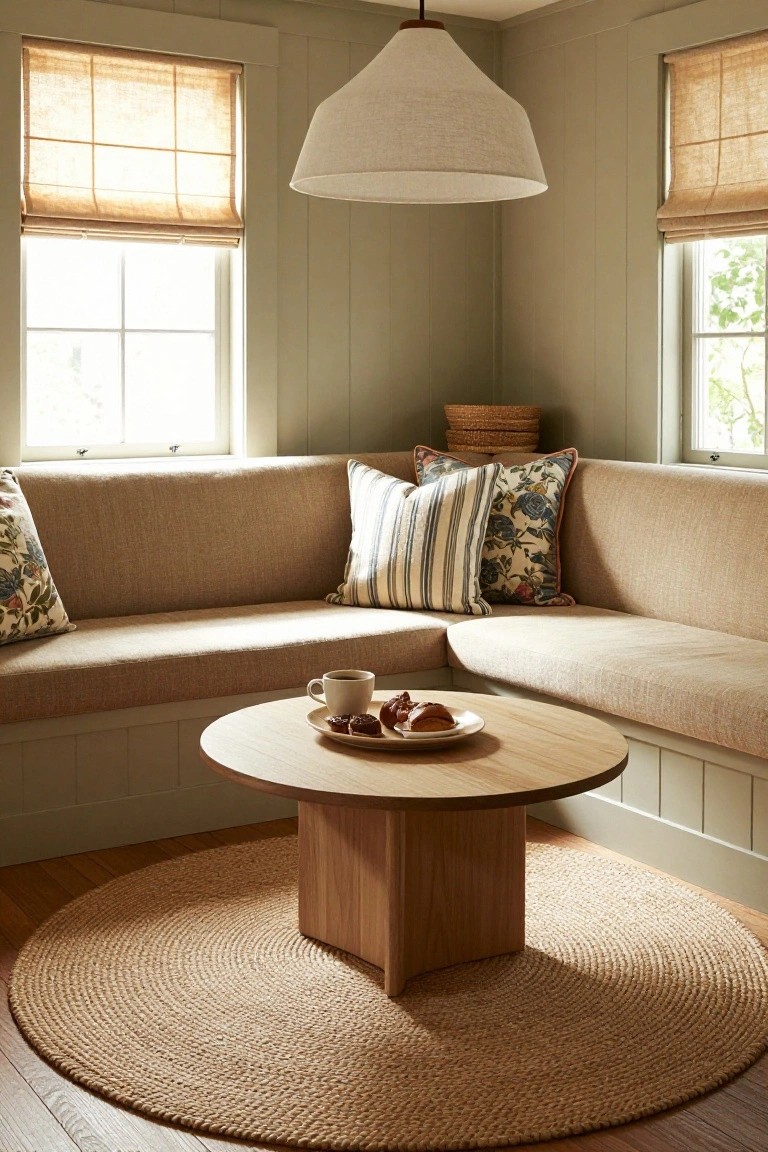Corner room interior featuring a beige built-in L-shaped banquette sofa, round wooden coffee table with coffee cup and pastries, round seagrass rug on wood floor, neutral green paneled walls, bamboo shades on double-hung windows, and a fabric pendant light.