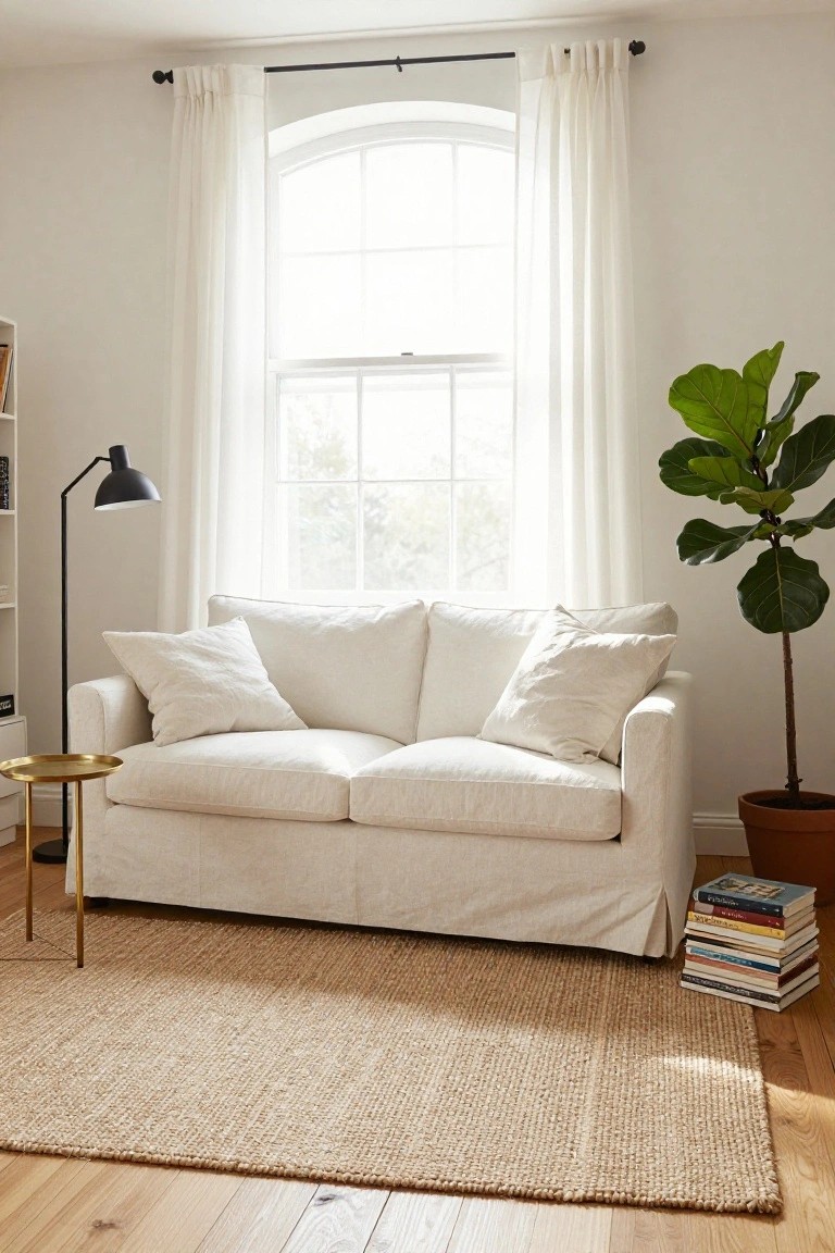 White slipcovered sofa on beige seagrass rug in sunlit living room with arched window, floor lamp, fiddle leaf fig plant in terracotta pot, and stack of books on gold side table.