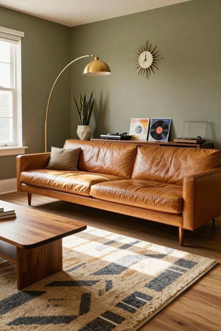 Tan leather sofa on a geometric beige and black rug in a living room with sage green walls, wooden coffee table, potted snake plant, gold arc lamp, sunburst clock, and vinyl record player on a wooden credenza.
