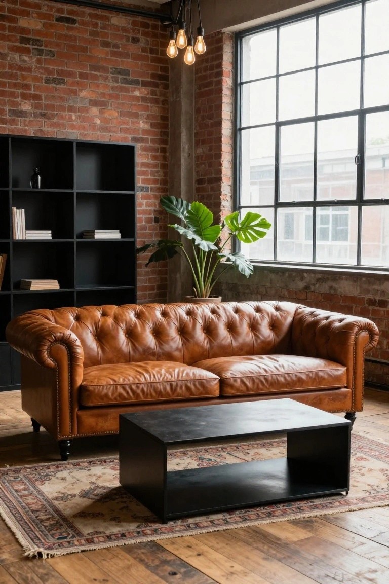 Tan tufted leather Chesterfield sofa on a beige and multicolored patterned rug next to a black coffee table in an industrial room with exposed brick walls, black shelves, monstera plant, and large metal-framed windows.
