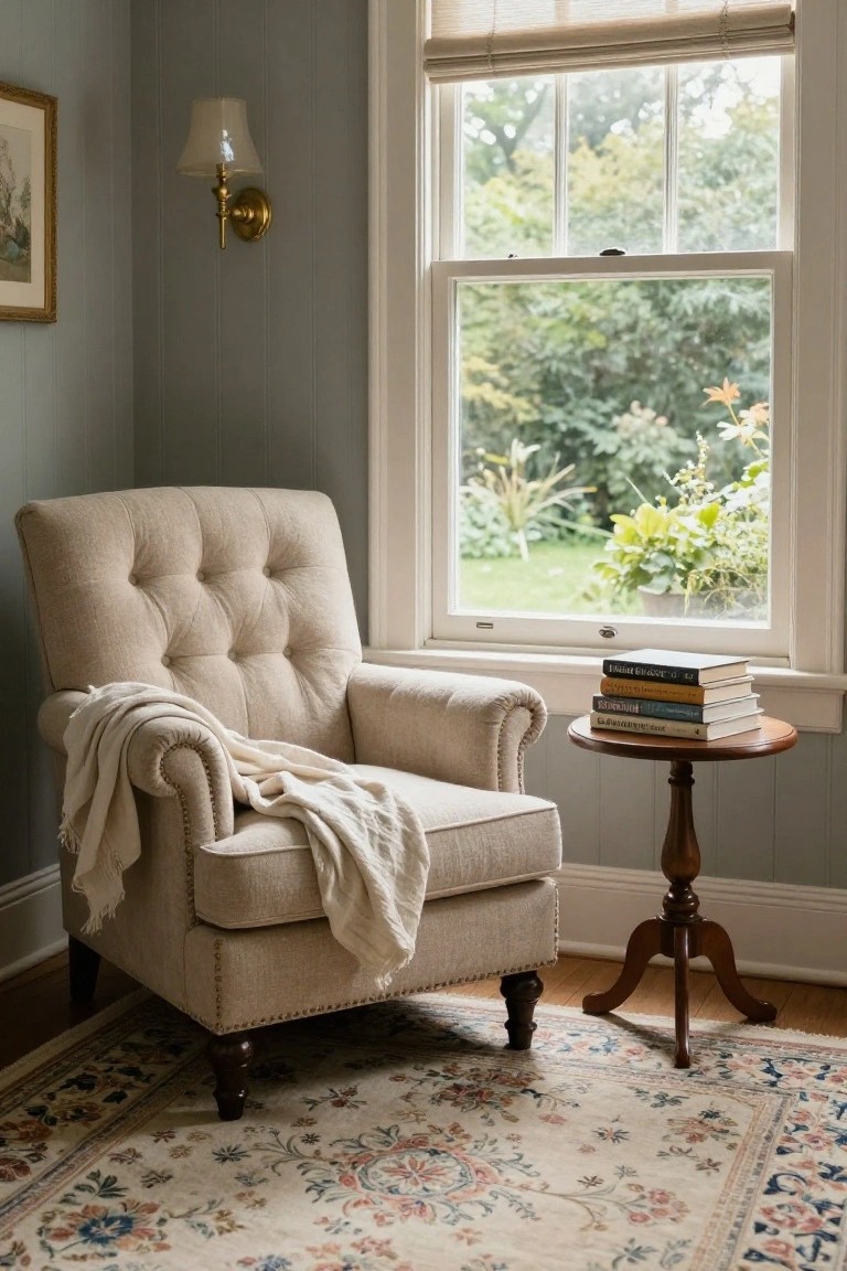 Cozy beige armchair with throw beside books on round table by window.