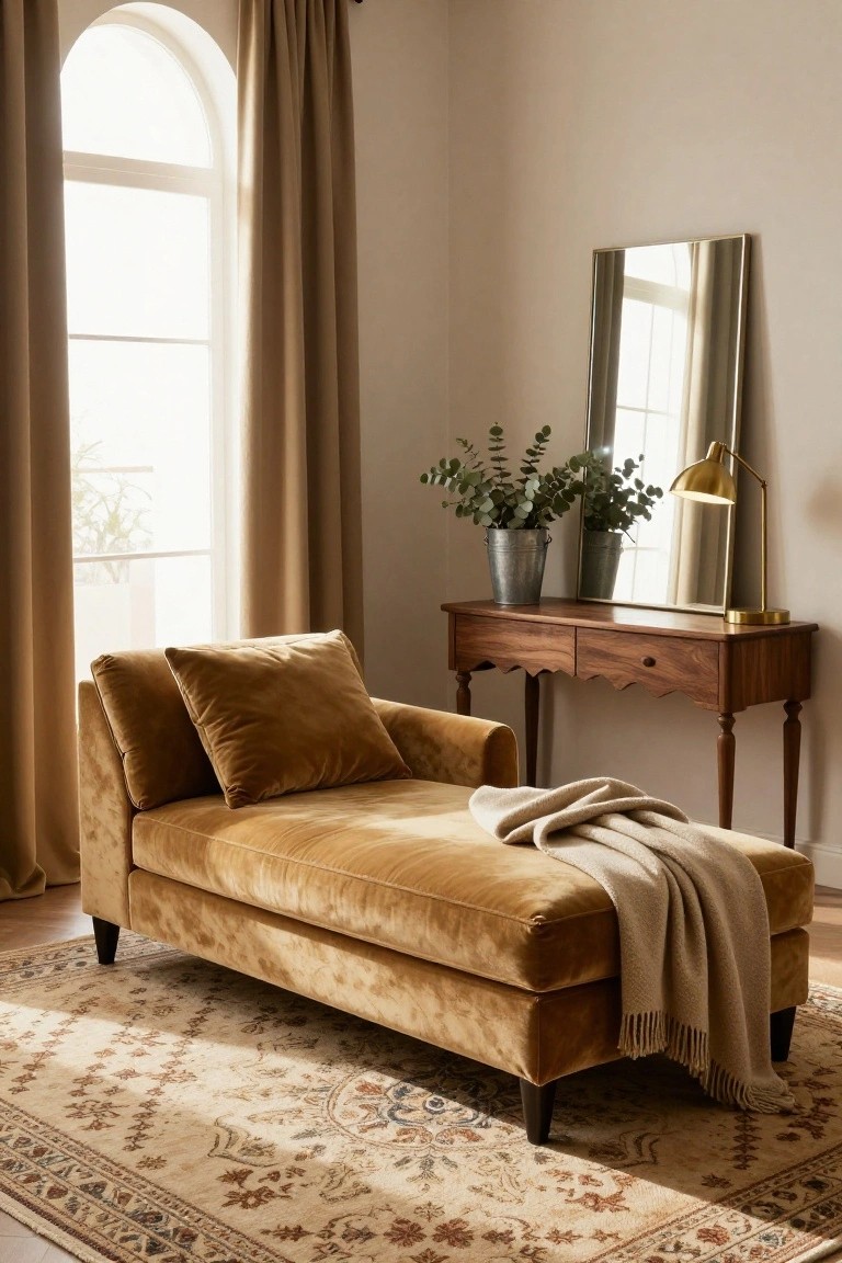 Mustard velvet chaise lounge with throw on a beige patterned rug in a light room with arched window, beige curtains, wooden console table holding eucalyptus vases, gold lamp, and mirror.