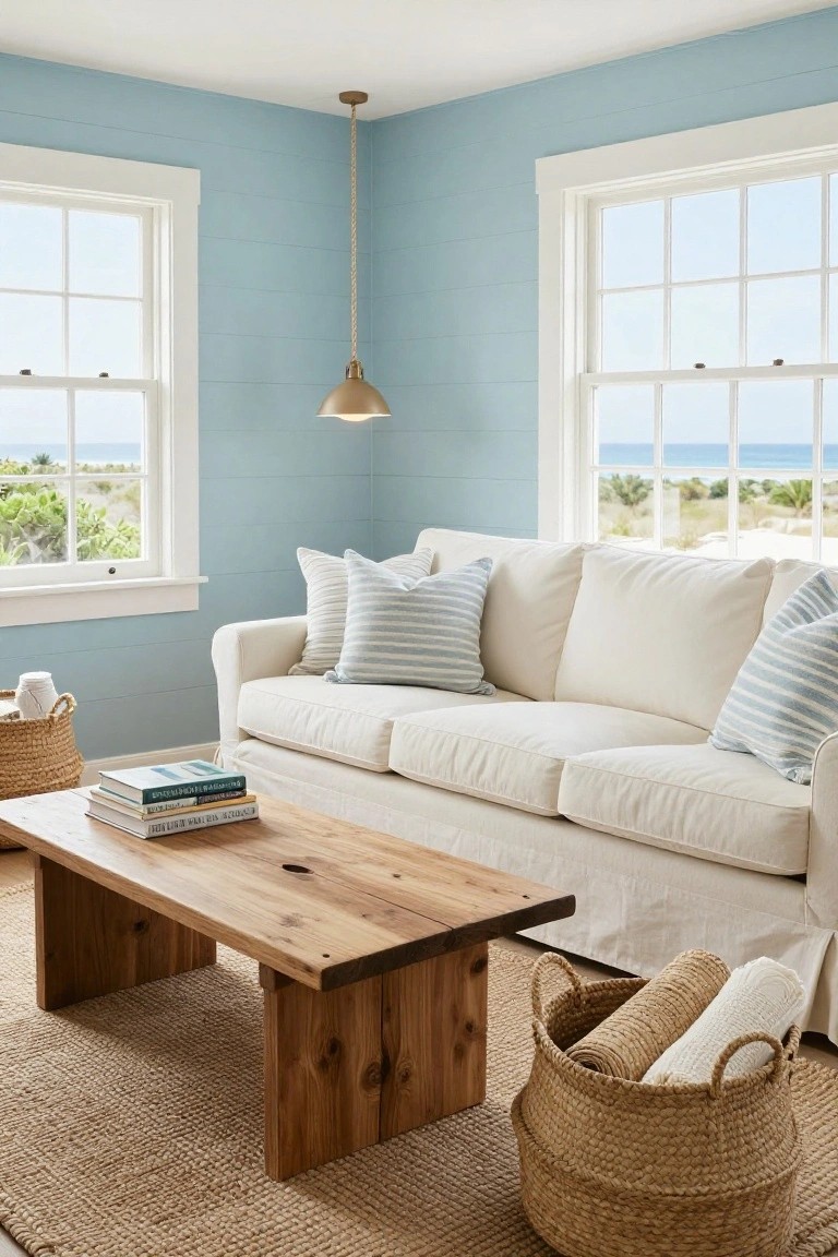 Light blue shiplap-walled corner of a living room with white slipcovered sofa on beige seagrass rug, wooden coffee table with stacked books, wicker baskets, and ocean view through double-hung windows.