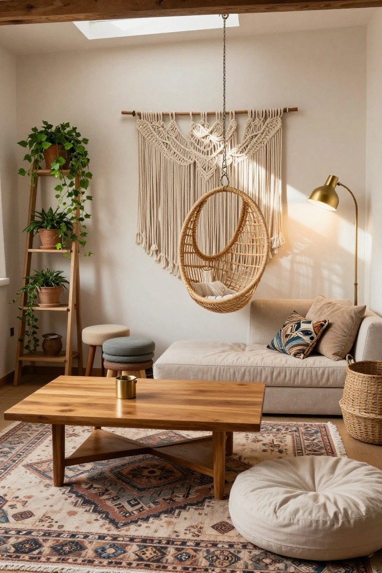 A light-filled living room with a low beige sofa on a beige rug, wooden coffee table, hanging rattan swing with cushions, macrame wall hanging, potted plants on a wooden ladder shelf, gold arc lamp, stools, wicker basket, and large white pouf.