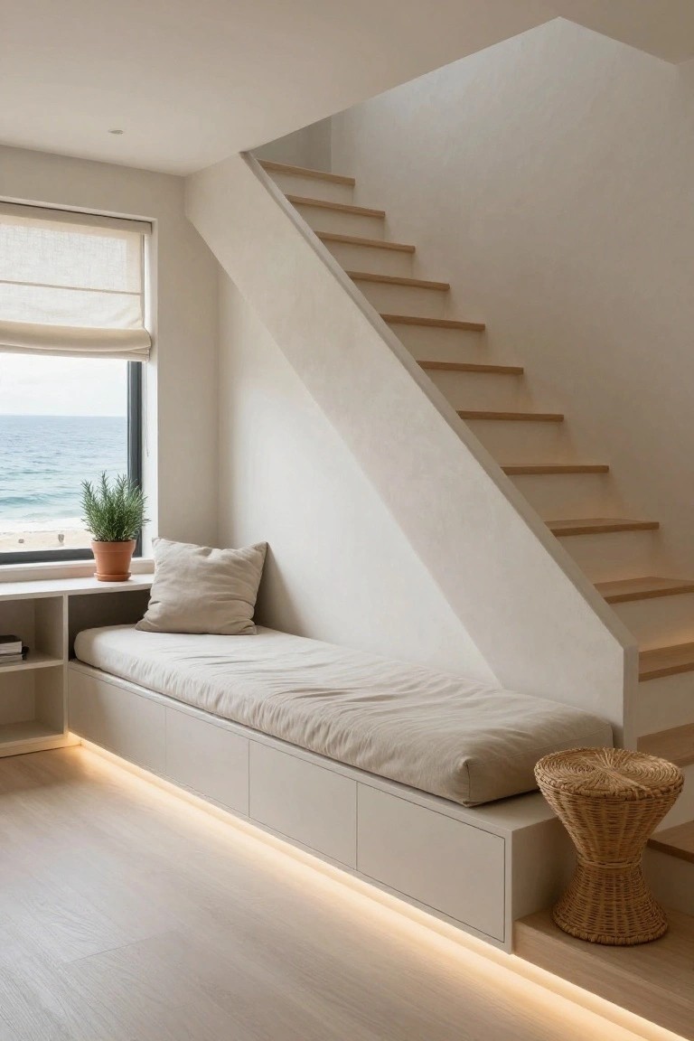Light wood stairs with integrated beige bench seating at the base, featuring cushions, pillows, under-bench drawers, a shelf with books and potted rosemary plant, large window showing ocean view, and wicker stool nearby.