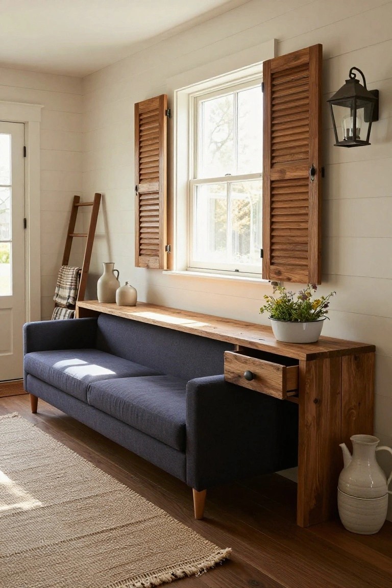 Navy fabric sofa placed against a long wooden console table with a drawer and shelf, in a white interior with wooden shutters on double-hung windows, ladder, pottery jugs, folded blanket, and potted plant on the table.