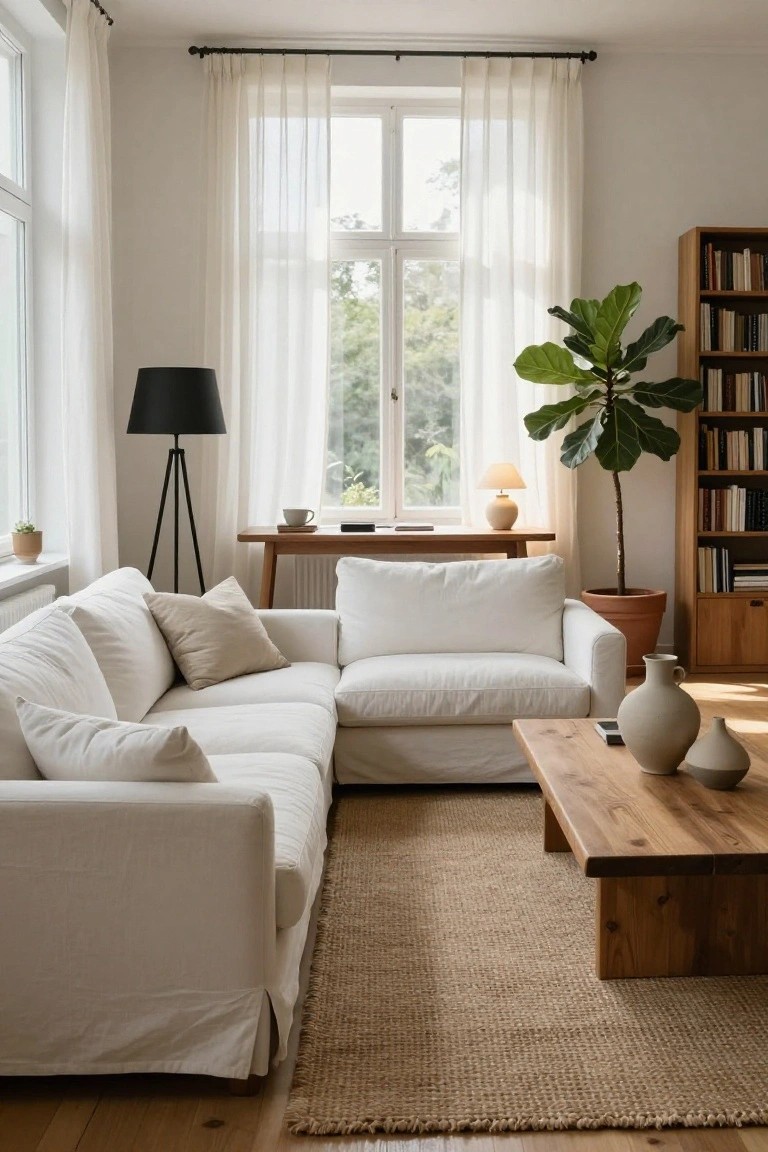 White L-shaped sofa in a bright living room with large curtained windows, wooden coffee table, potted fiddle leaf fig plant, black floor lamp, side table, and wooden bookshelves.
