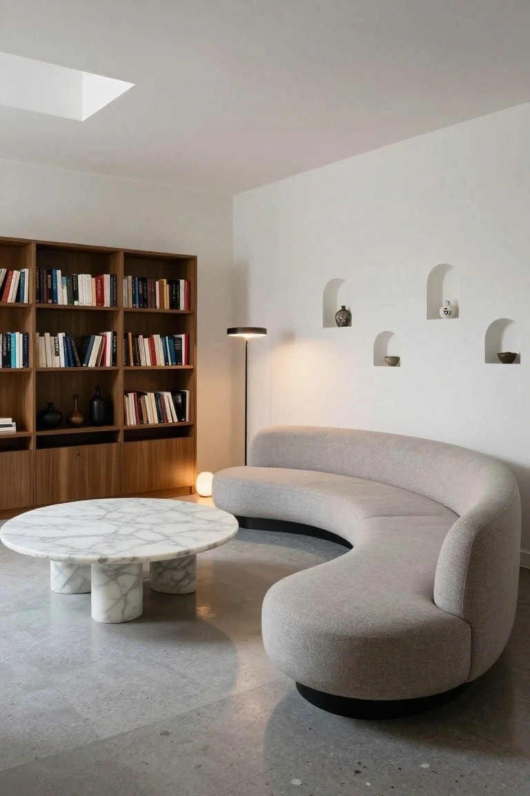 Modern living room with curved light gray sofa, round white marble coffee table on three legs, wooden bookshelves with books and decor, black floor lamp, and arched niches in white wall.