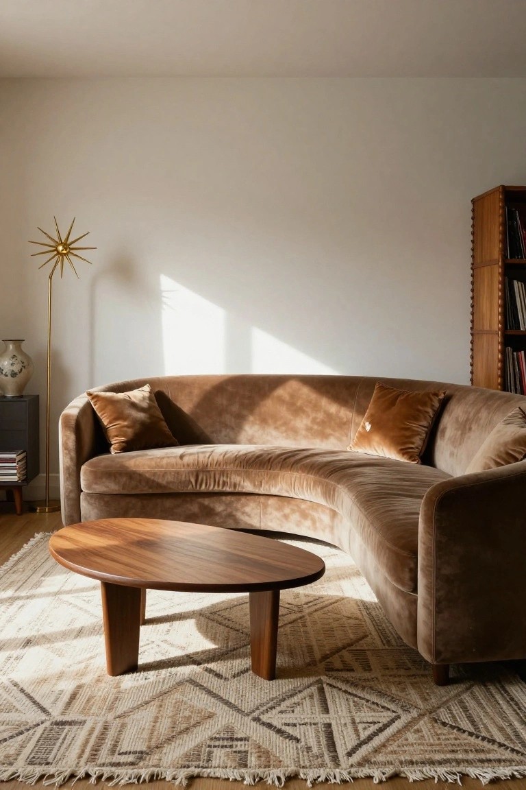 A curved tan velvet sofa in a sunlit living room with an oval wooden coffee table on a patterned rug, gold starburst floor lamp, ceramic vase, and wooden bookcase against white walls.