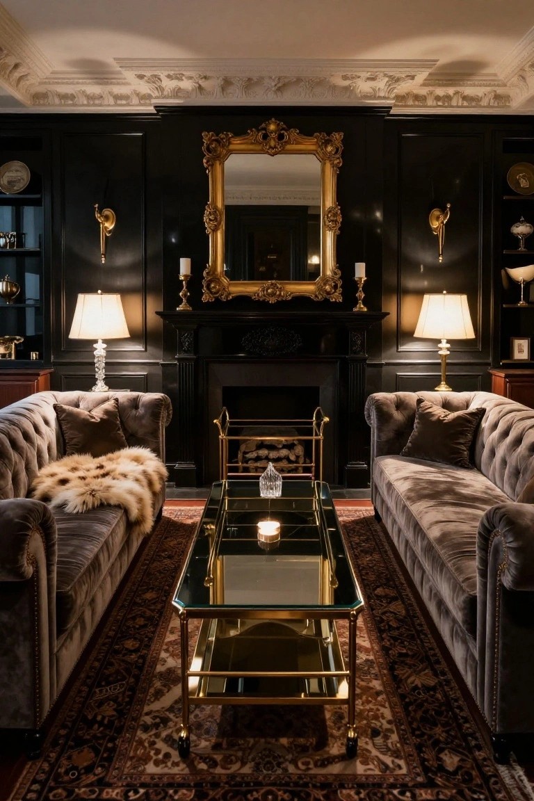 Black-paneled living room with ornate gold mirror over fireplace, two facing tufted gray velvet sofas with pillows and fur throw, glass-and-brass coffee table on Persian rug, table lamps, and candles.