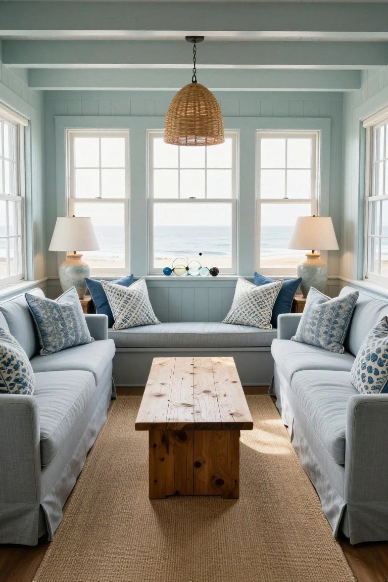 Coastal living room with blue sofas, ocean-view windows, and wooden coffee table.