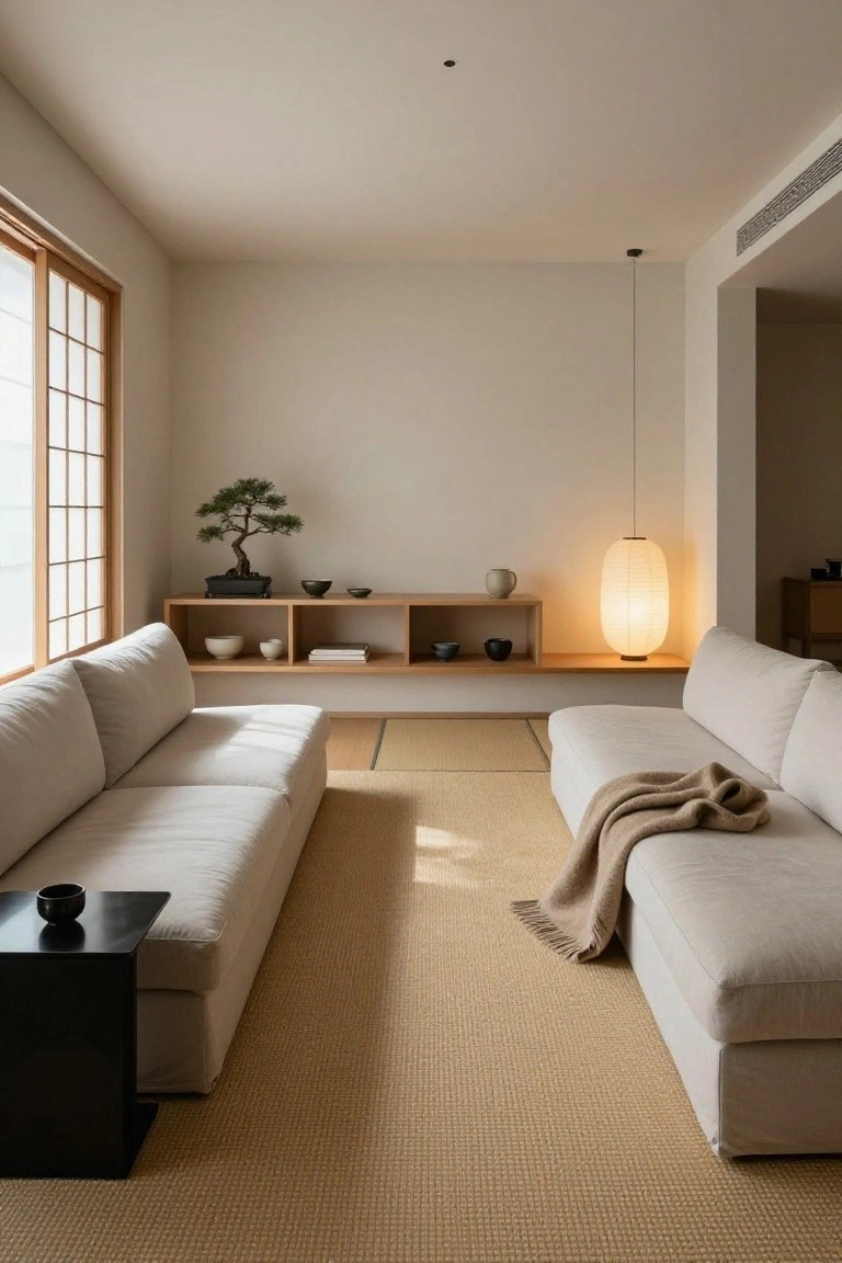 A minimalist indoor living room with two low cream-colored sofas facing each other across a beige tatami rug, a black side table nearby, wooden floating shelves with ceramics and a bonsai tree, and a large paper lantern pendant light.
