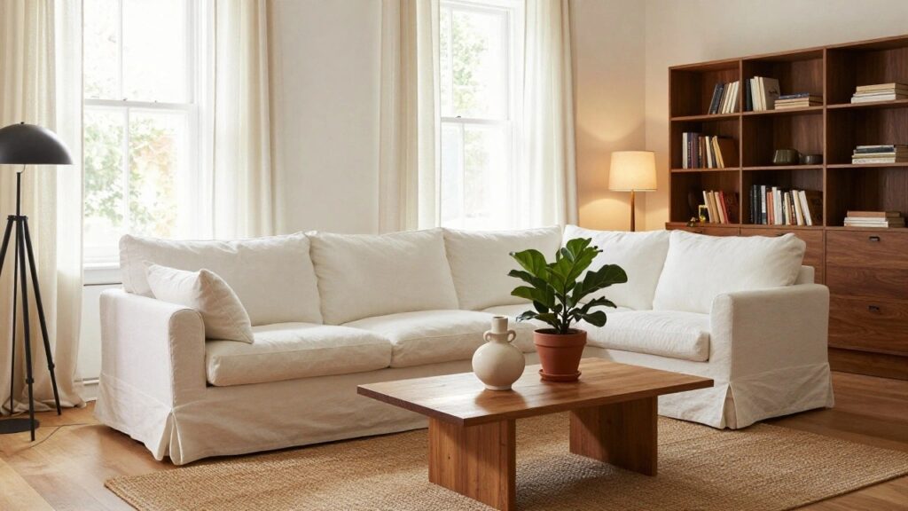 21 Sofa Ideas for Long Living Rooms That Break Up the Space White L-shaped sofa in a bright living room with large curtained windows, wooden coffee table, potted fiddle leaf fig plant, black floor lamp, side table, and wooden bookshelves.