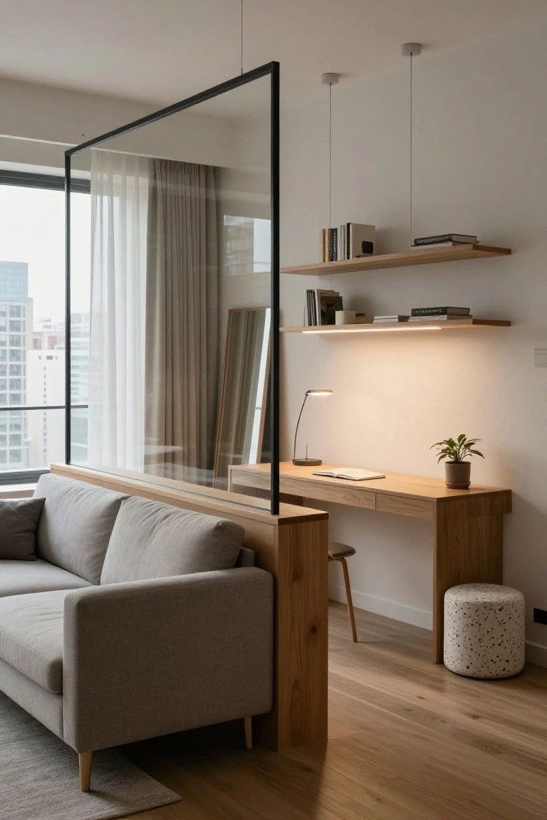 Gray fabric sofa positioned against a wooden-framed clear glass partition that separates the living area from a wooden desk workspace, with bookshelves, a potted plant, and city skyline visible through large windows.