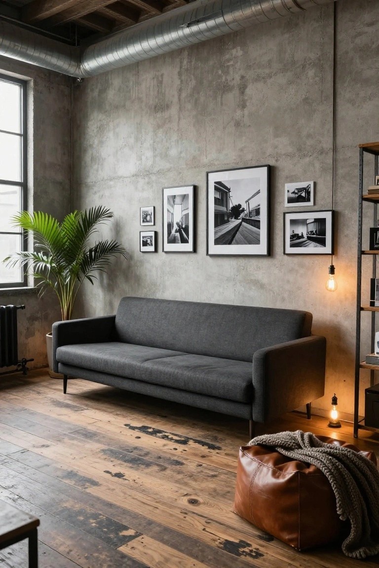 Gray low-profile sofa positioned against a rough concrete wall in an industrial living room with potted palm plant, black and white framed photos, metal shelving, hanging lamps, leather pouf with throw blanket on worn wooden floors.