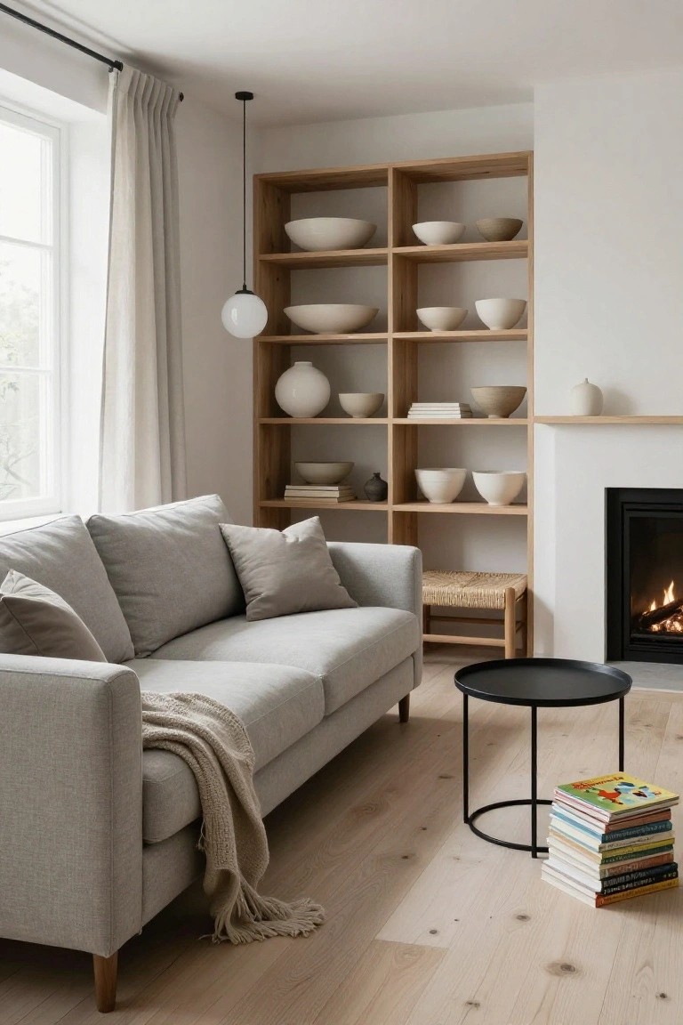 Light gray sofa with pillows and cream throw on light oak floors in a living room, beside open oak shelving with white ceramic bowls and vases, black round metal side table stacked with colorful children's books, woven stool, and fireplace with fire lit.