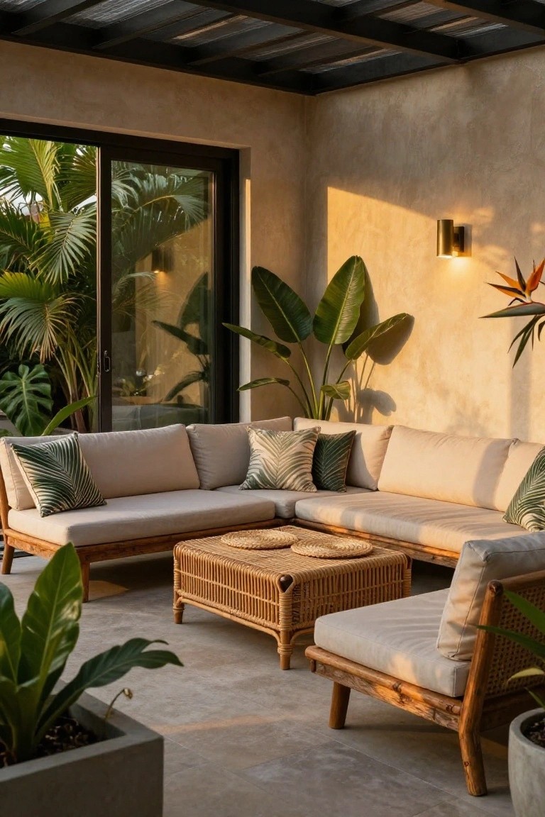 Covered outdoor patio featuring a beige L-shaped rattan sofa with green leaf-patterned pillows, a woven coffee table, potted tropical plants, wall-mounted light, and sliding glass doors open to a garden.