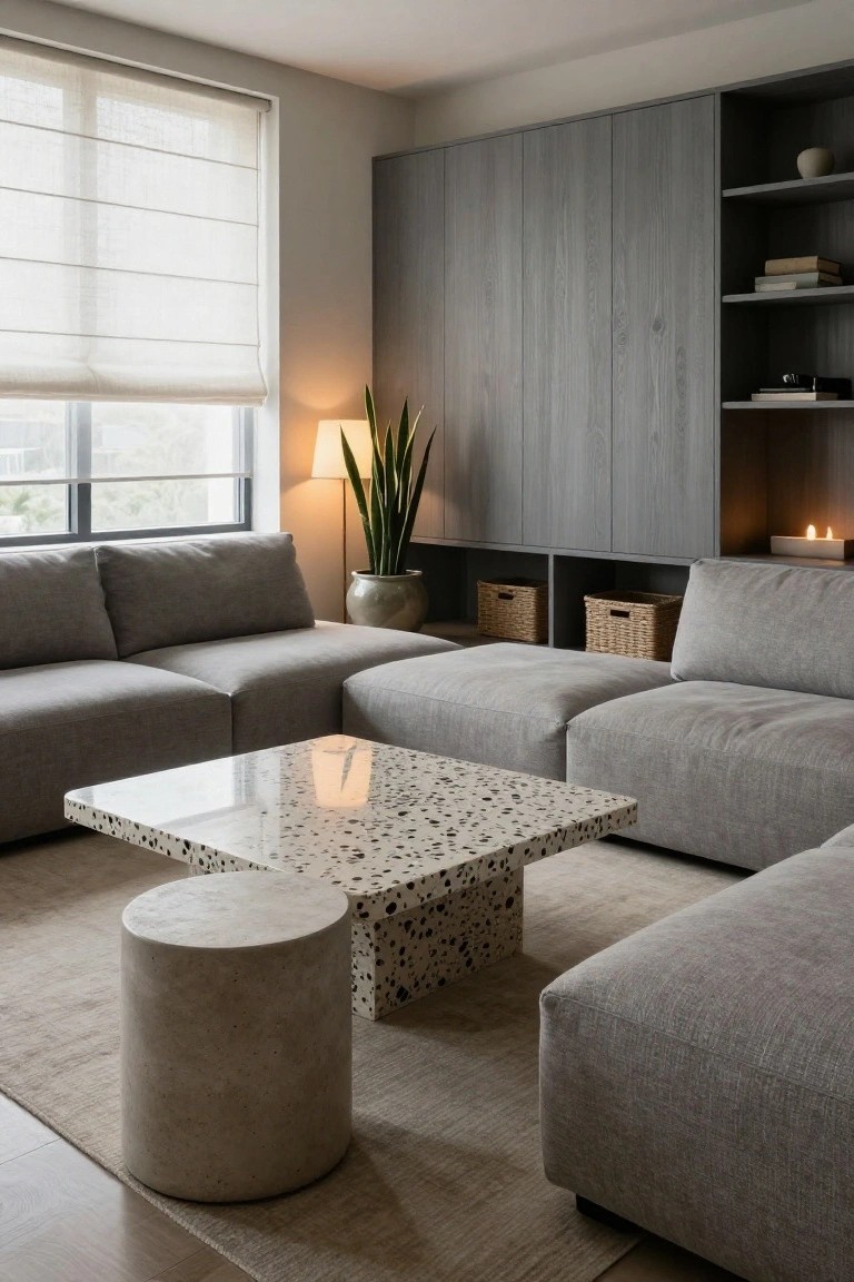 Gray L-shaped modular sofa in a modern living room with terrazzo coffee table, beige pouf stool, potted plant, floor lamp, built-in wood shelving, and blinds on large windows.