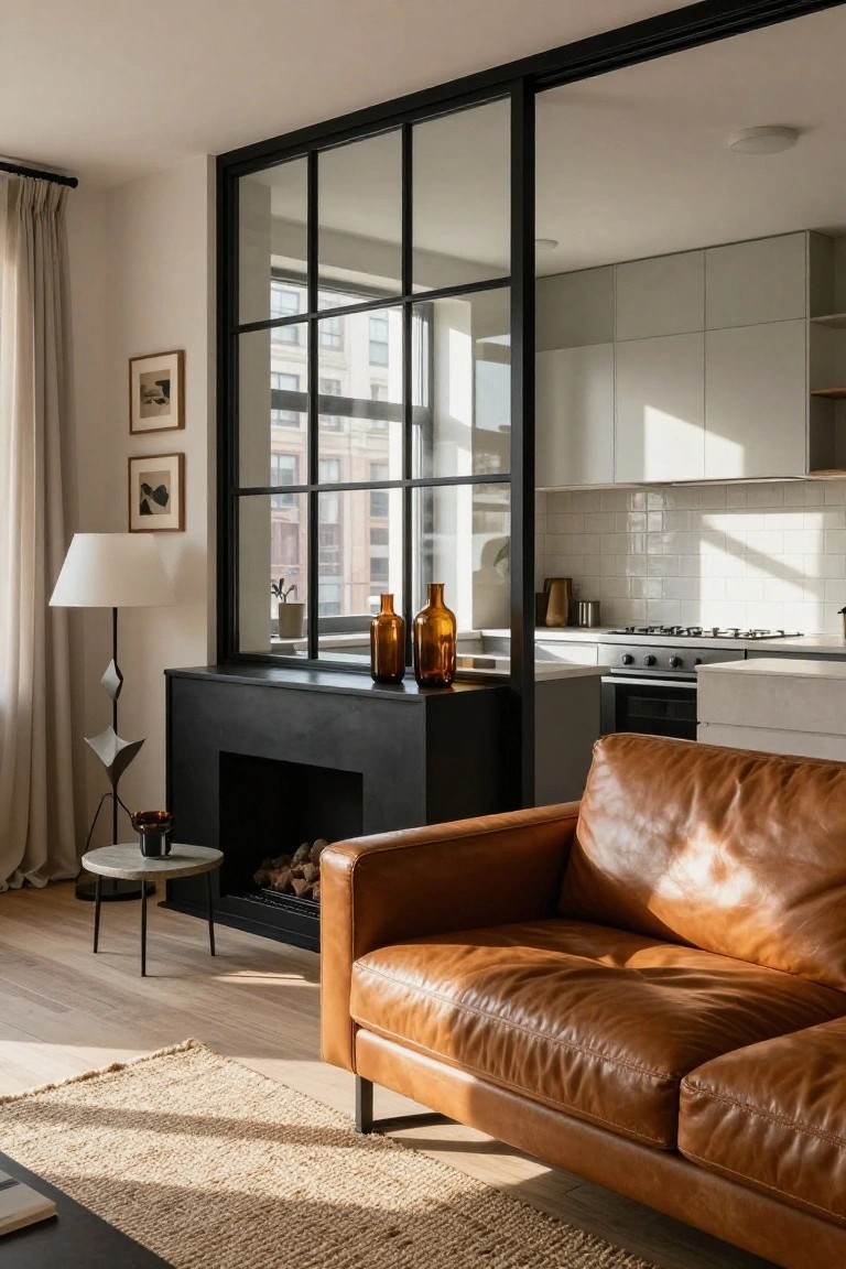 Tan leather sofa positioned in front of a black stone fireplace in a living room divided from the kitchen by a black metal-framed glass partition, with wood floors, beige rug, and natural light.