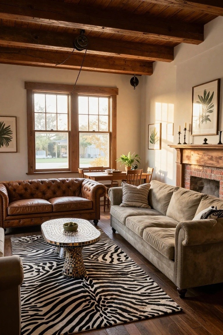Living room with brown leather tufted Chesterfield sofa, gray fabric sectional sofa, zebra-patterned area rug, wooden beamed ceiling, large windows overlooking yard, wooden dining table, and brick fireplace.
