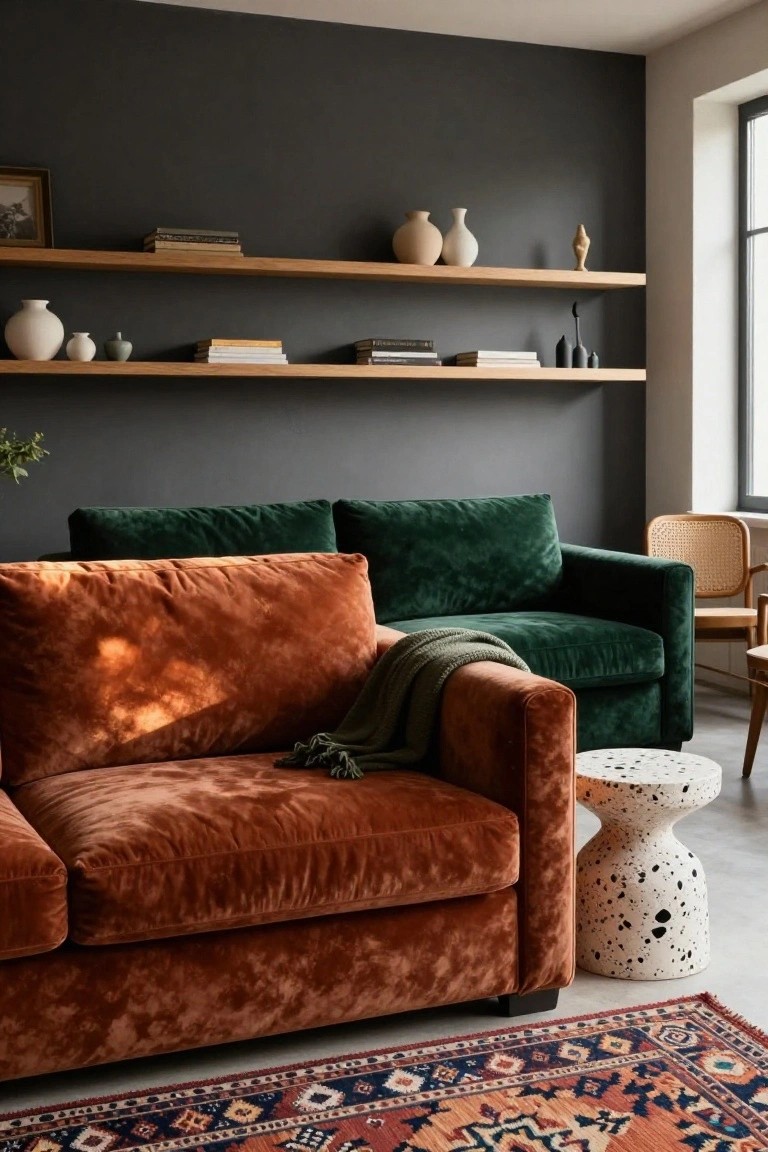 Living room corner with a burnt orange velvet sofa adjacent to a deep green velvet sofa, wooden floating shelves holding books and ceramics on a dark gray wall, rattan chair, speckled side table, and patterned rug on the floor.