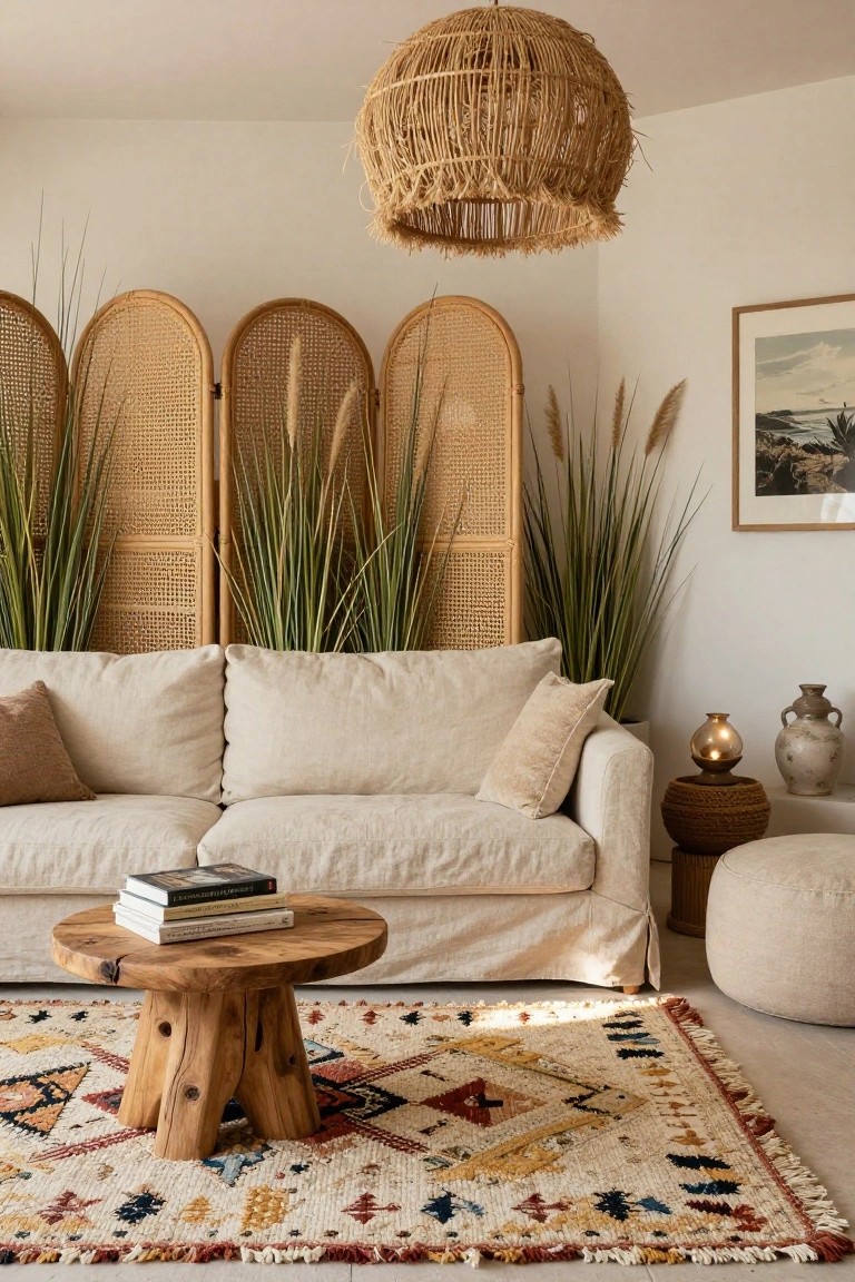 Beige linen sofa facing a wooden stump coffee table on a colorful Berber-style rug in a light room with rattan folding screens and pampas grass behind the sofa, wicker pendant light overhead.