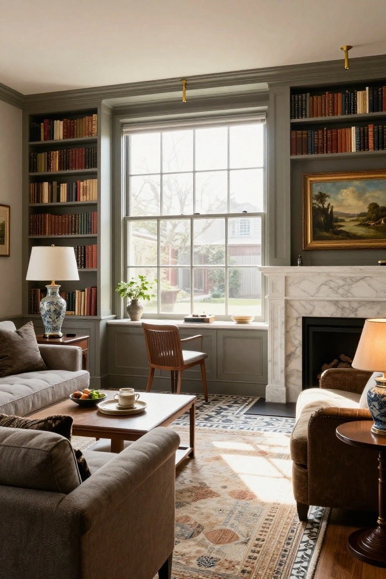 Interior of a long living room with tall dark green built-in bookcases filled with books, gray fabric sofa facing a brown leather armchair across a wood coffee table, wooden chair by window sill, marble fireplace, and large window showing garden view.