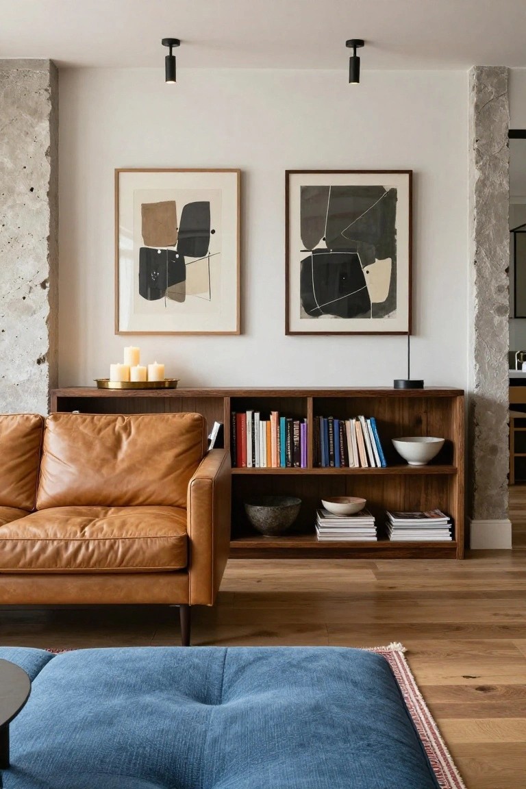 Tan leather sofa positioned in front of a wooden bookshelf unit in a living room with exposed concrete walls, abstract artworks, candles on a tray, and a blue tufted pouf nearby.