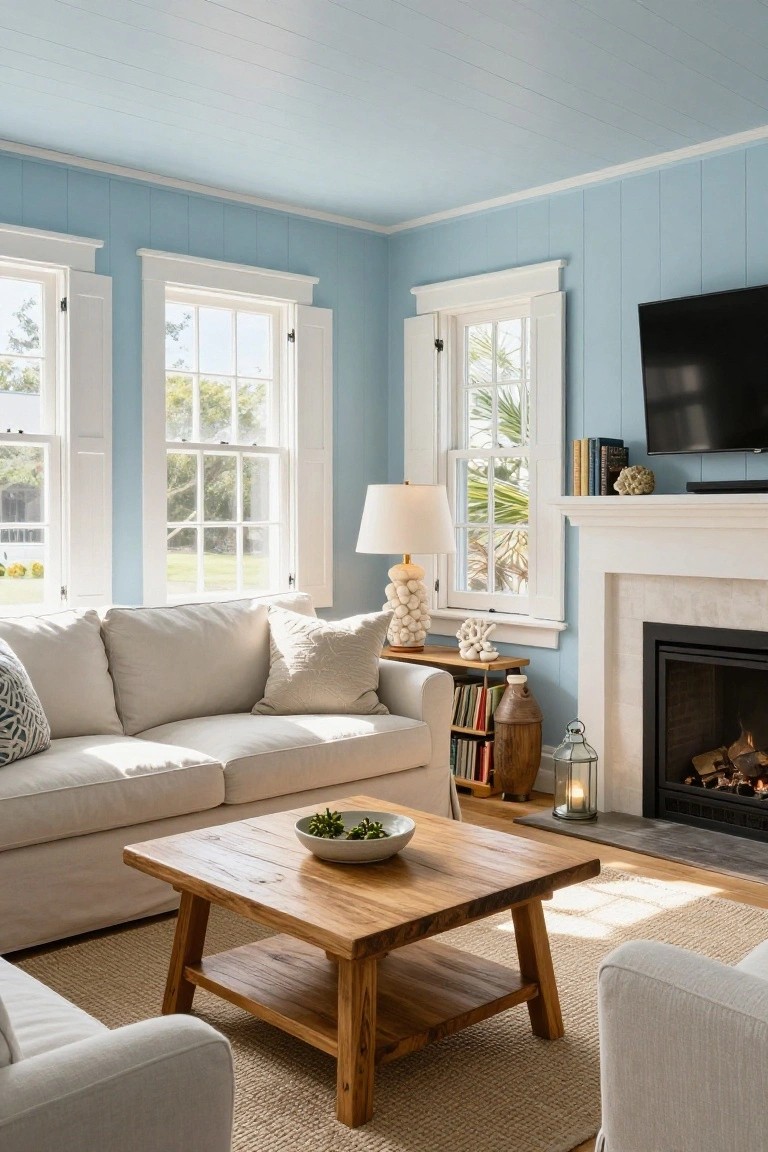 Light blue shiplap-walled living room with white slipcovered sofa, wooden coffee table, beige armchair, gas fireplace, mounted TV, and large windows with white shutters.
